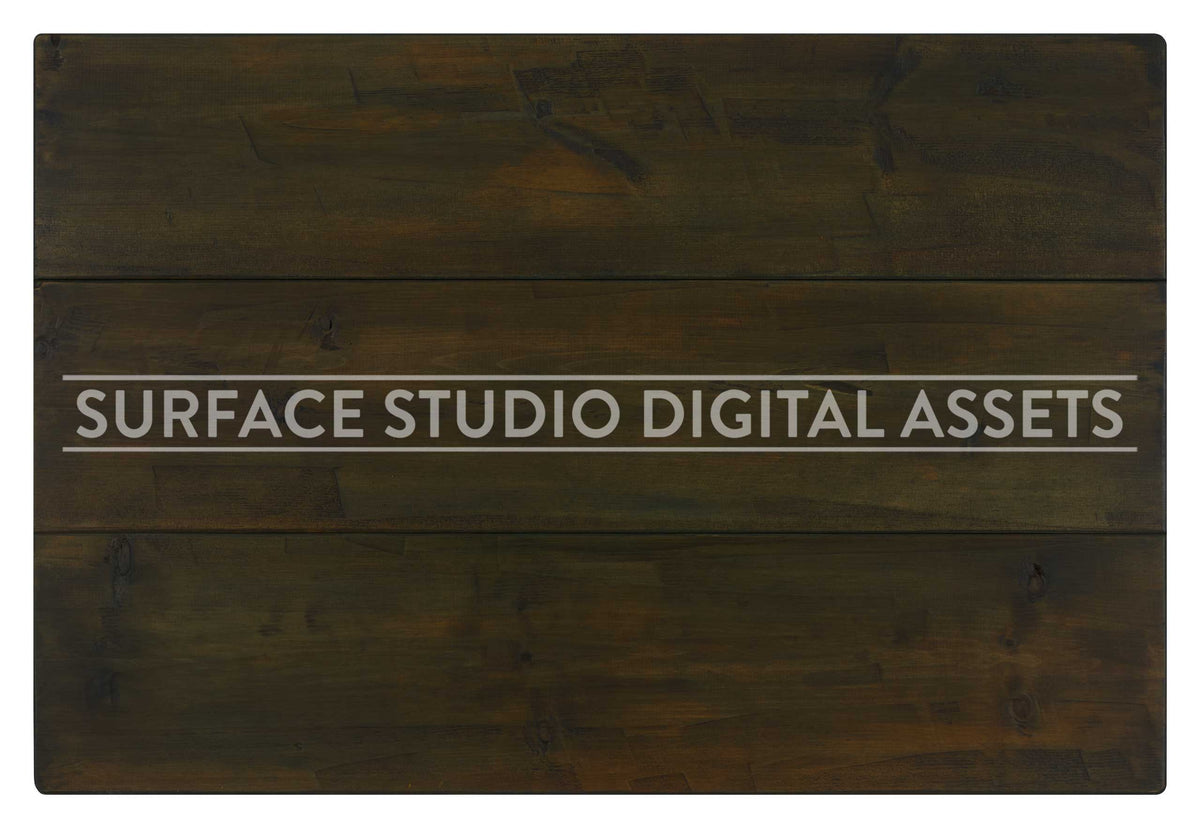 Dark Brown Planked Country Pine Wood Surface photographed directly from above including edges. Surface background stock image with a "Surface Studio Digital Assets" watermark for commercial, e-commerce, editorial, product, beauty, food, beverage, still life photography. Artisanal wood surface background for high-end product shoots, interior design and architectural mood board.