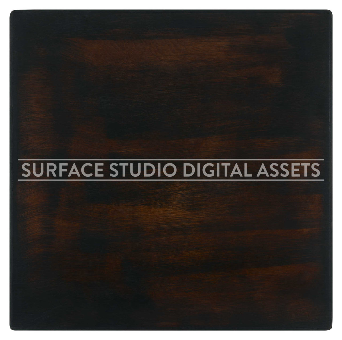 Warm Dark Brown Distressed Birch Wood Surface photographed directly from above including edges. Surface background stock image with a "Surface Studio Digital Assets" watermark for commercial, e-commerce, editorial, product, beauty, food, beverage, still life photography. Artisanal wood surface background for high-end product shoots, interior design and architectural mood board.