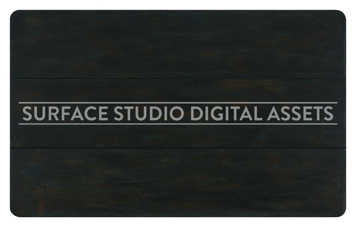 Planked Dark Grey Brown Pine Wood Surface photographed directly from above including edges. Surface background stock image with a "Surface Studio Digital Assets" watermark for commercial, e-commerce, editorial, product, beauty, food, beverage, still life photography. Artisanal wood surface background for high-end product shoots, interior design and architectural mood board.