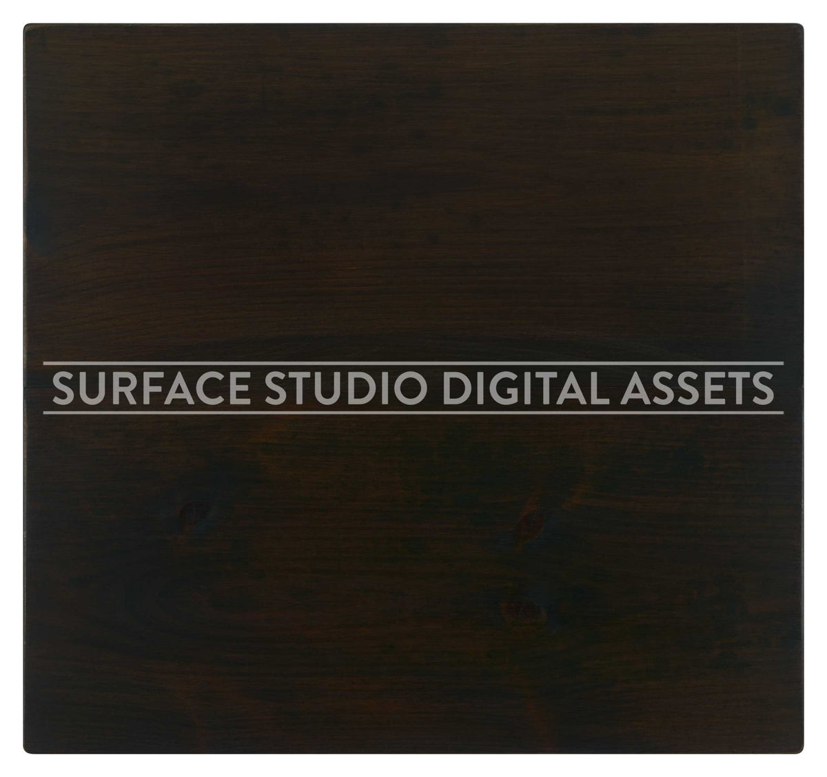 Dark Mission Brown Pine Wood Surface photographed directly from above including edges. Surface background stock image with a "Surface Studio Digital Assets" watermark for commercial, e-commerce, editorial, product, beauty, food, beverage, still life photography. Artisanal wood surface background for high-end product shoots, interior design and architectural mood board.