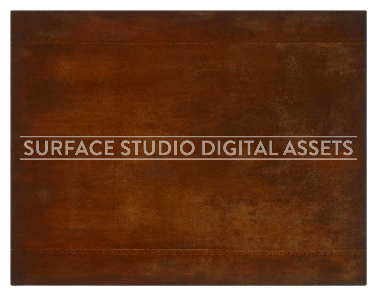 Rusted Paneled Steel Metal Surface photographed directly from above including edges. Industrial surface background stock image with a "Surface Studio Digital Assets" watermark for commercial, e-commerce, editorial, product, beauty, food, beverage, still life photography.