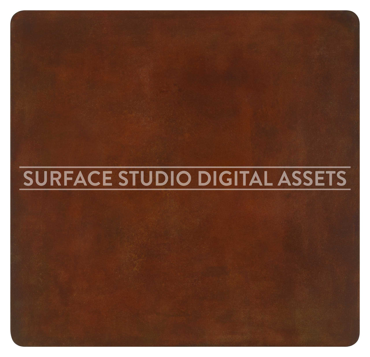 Rusted Red Brown Orange Steel Metal Surface photographed directly from above including edges. Industrial metal surface background stock image with a "Surface Studio Digital Assets" watermark for commercial, e-commerce, editorial, product, beauty, food, beverage, still life photography.