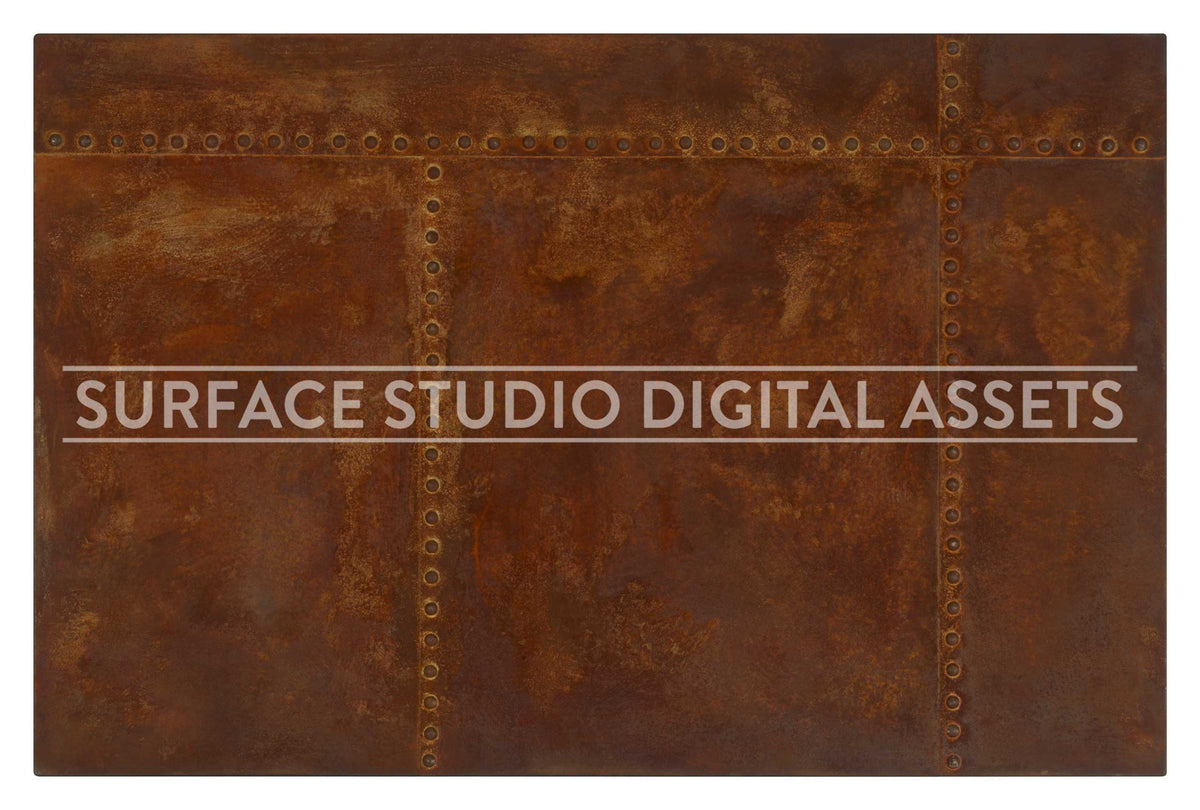 Rusted Studded Steel Metal Surface photographed directly from above including edges. Surface background stock image with a "Surface Studio Digital Assets" watermark for commercial, e-commerce, editorial, product, beauty, food, beverage, still life photography. Industrial surface background for high-end product shoots, interior design and architectural mood board.