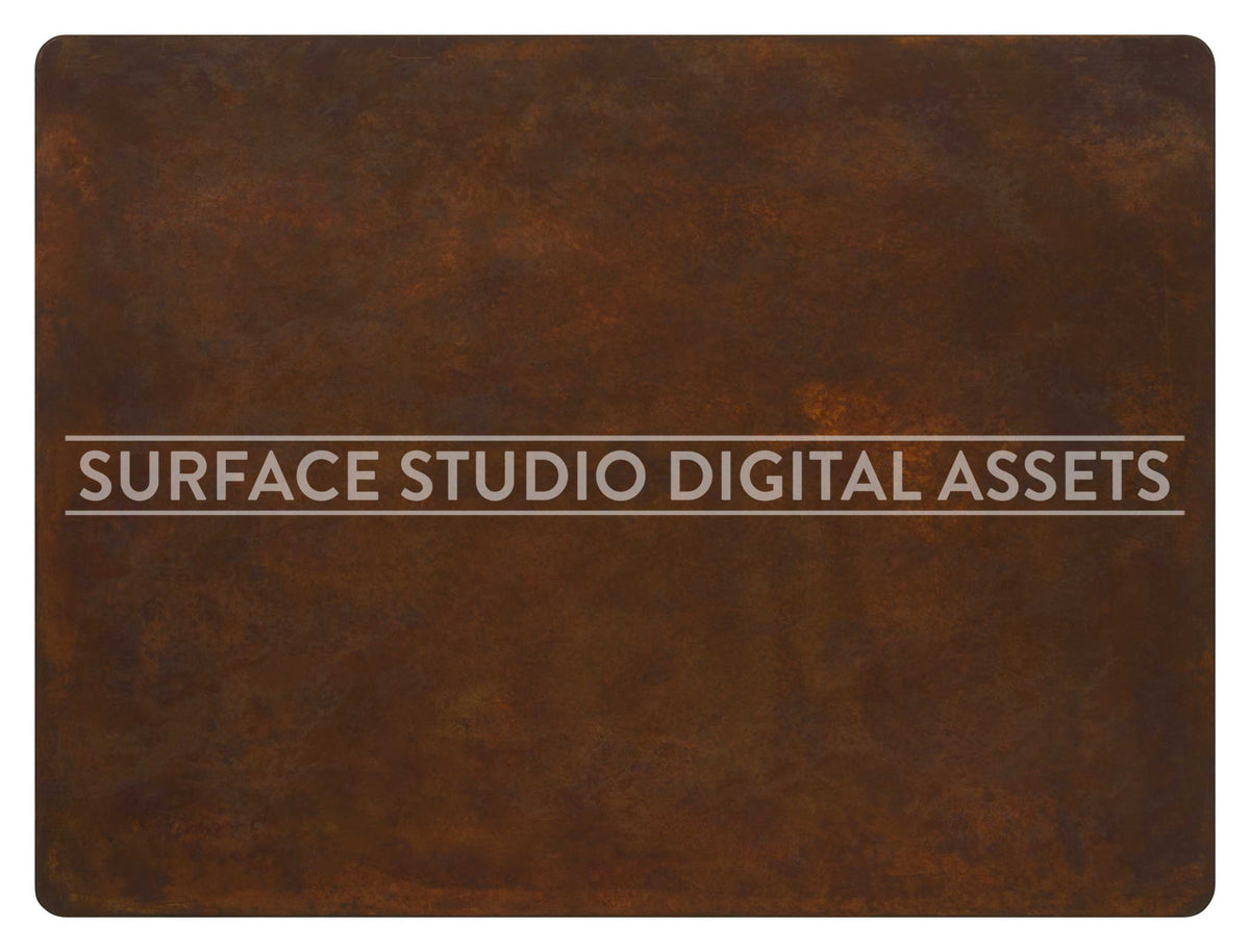 Brown Orange Rustique Metal Surface photographed directly from above including edges. Industrial metal surface background stock image with a "Surface Studio Digital Assets" watermark for commercial, e-commerce, editorial, product, beauty, food, beverage, still life photography. Artisanal wood surface background for high-end product shoots, interior design and architectural mood board.