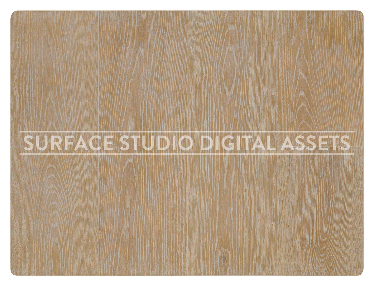 Planked Whitewashed Warm Beige Oak Floor Wood Surface photographed directly from above including edges. Surface background stock image with a "Surface Studio Digital Assets" watermark for commercial, e-commerce, editorial, product, beauty, food, beverage, still life photography. Artisanal wood surface background for high-end product shoots, interior design and architectural mood board.