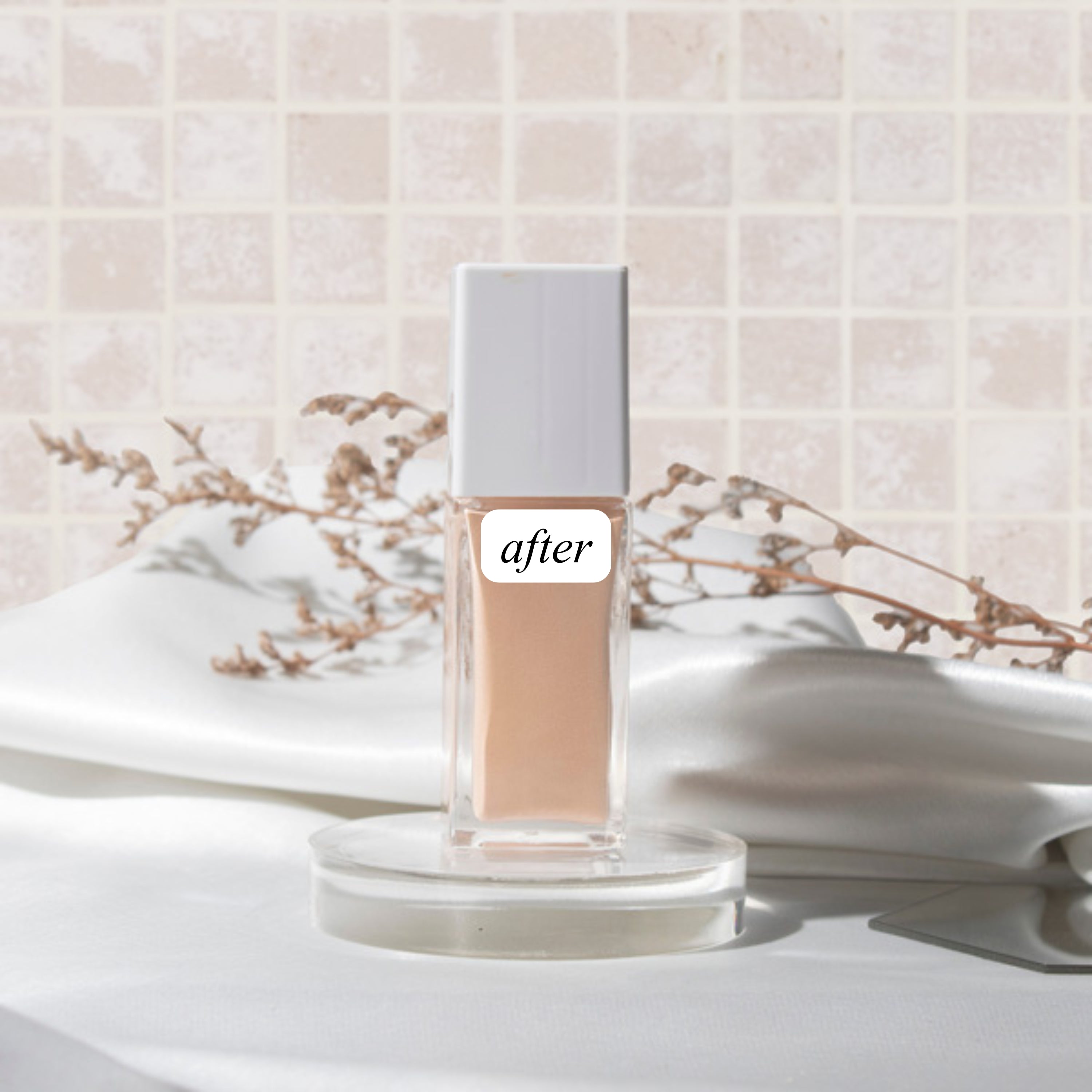 Cosmetic beauty product photography with branch, fabric, off white square mosaic tile background. Labeled "after".