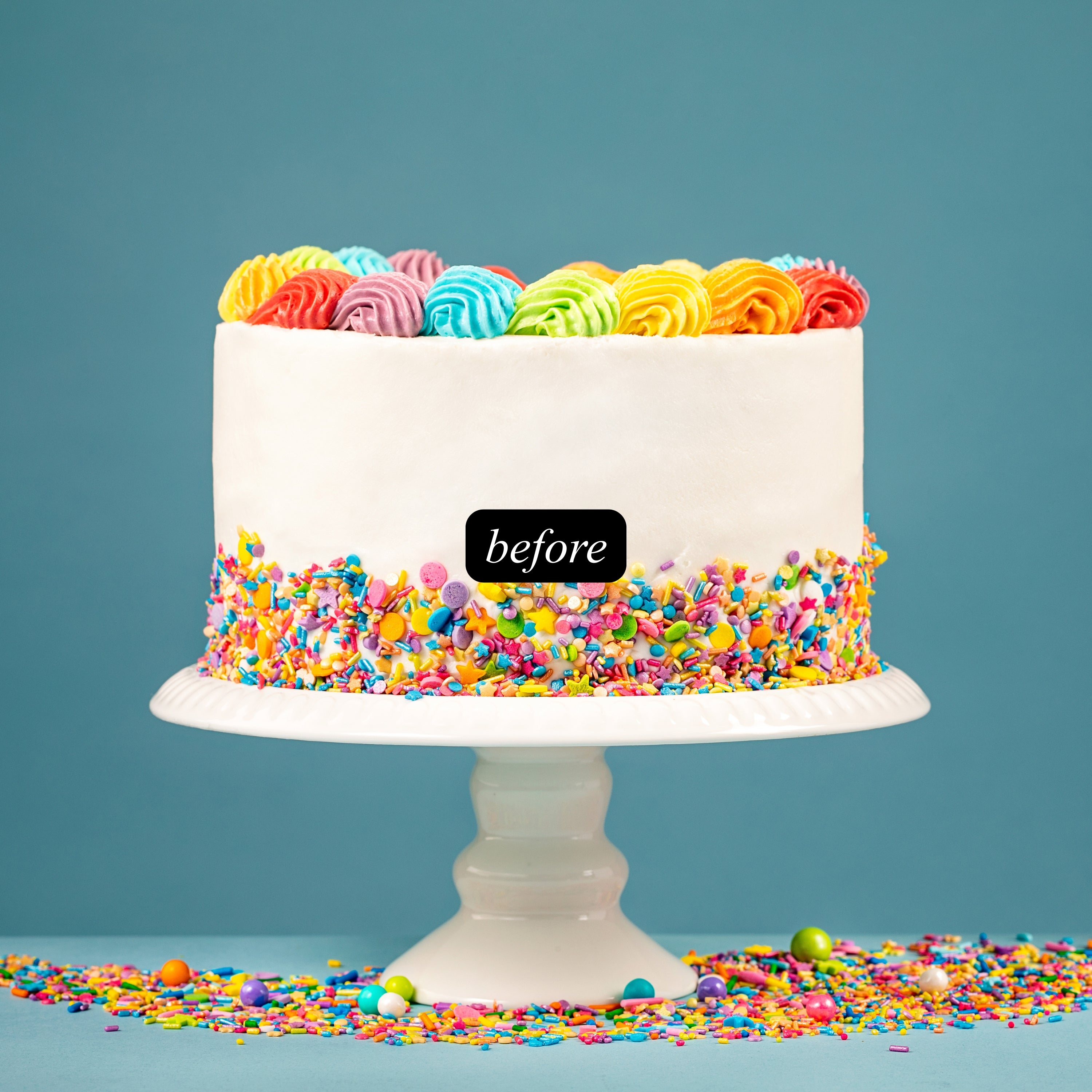 Colorful cake with rainbow frosting and sprinkles on a white cake stand against a plain blue background with "before" label.