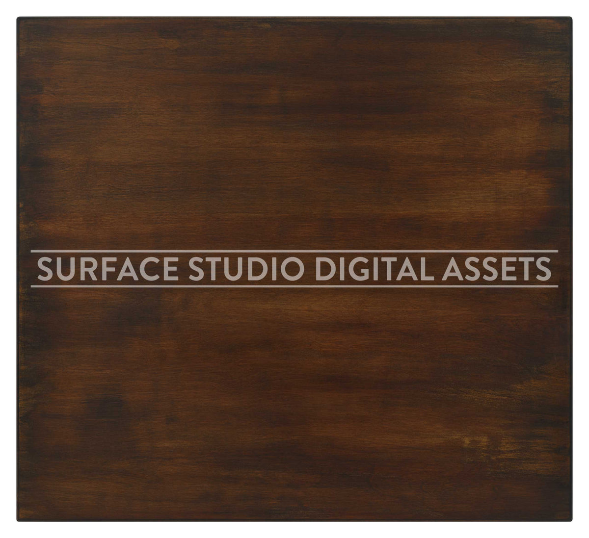 Rustic Dark Brown Fruitwood Wood Surface photographed directly from above including edges. Surface background stock image with a "Surface Studio Digital Assets" watermark for commercial, e-commerce, editorial, product, beauty, food, beverage, still life photography. Artisanal wood surface background for high-end product shoots, interior design and architectural mood board.