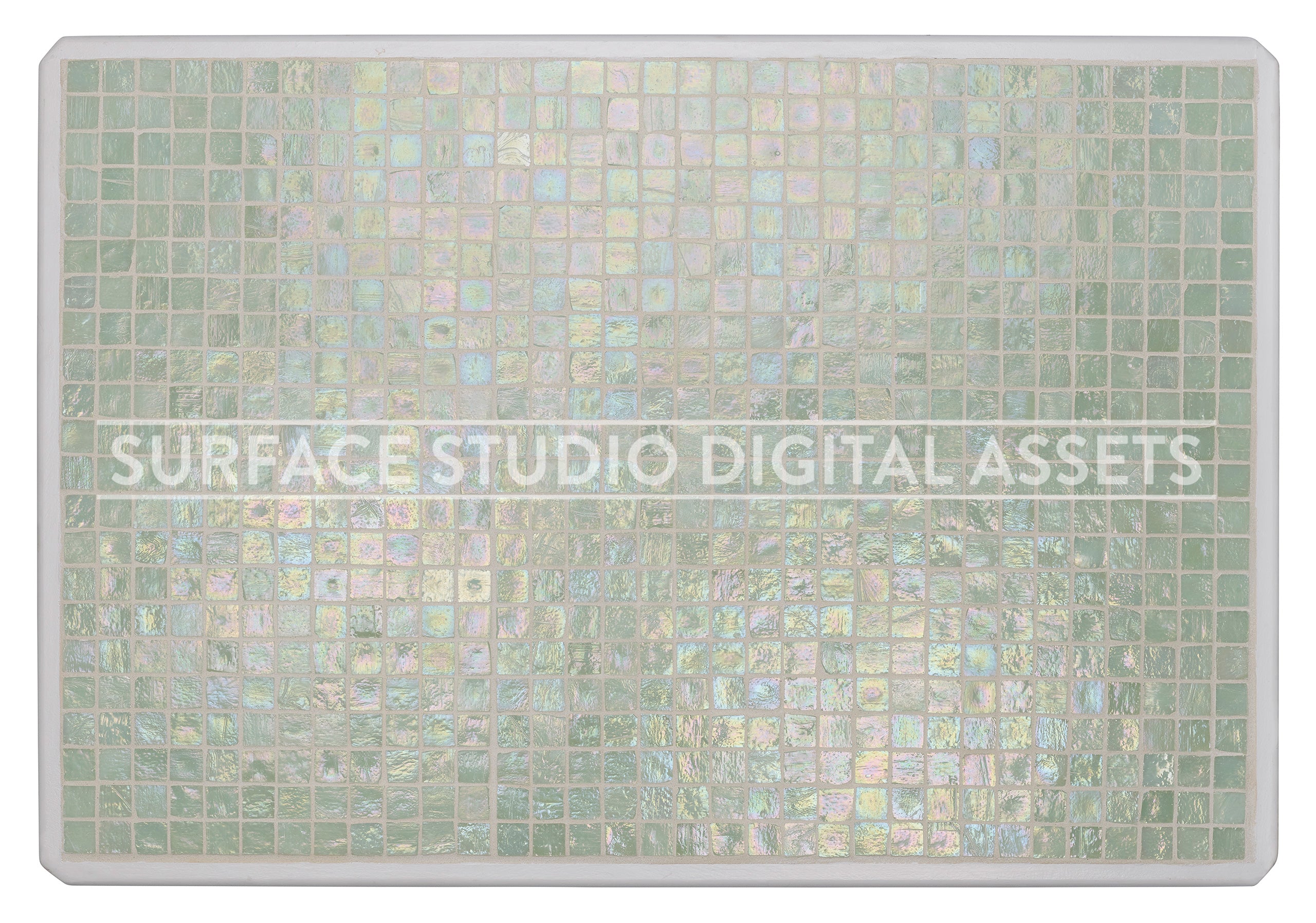 Green Iridescent Glass Mosaic Tile Surface photographed directly from above including edges.