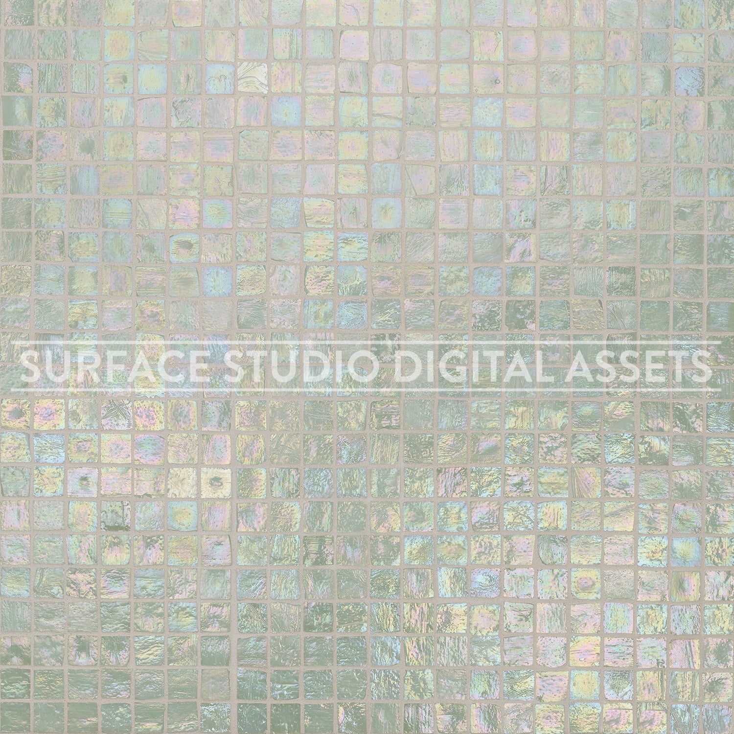 Green Iridescent Glass Mosaic Tile Surface photographed directly from above.