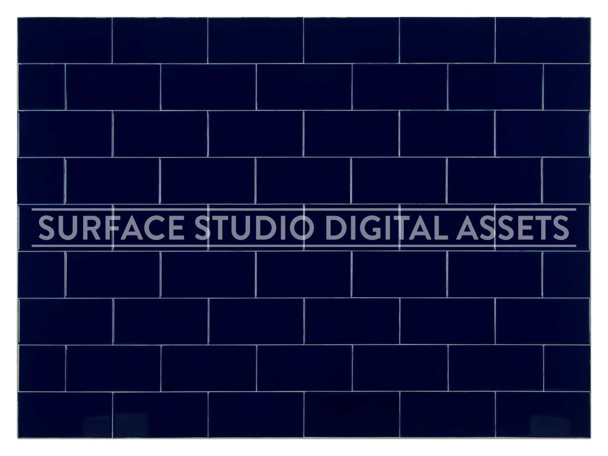 Navy Blue Subway Tile Surface photographed directly from above including edges. Surface background stock image background stock image with a "Surface Studio Digital Assets" watermark for commercial, editorial, product, beauty, food, still life photography. Non-repeating tile surface for compositing and retouching.