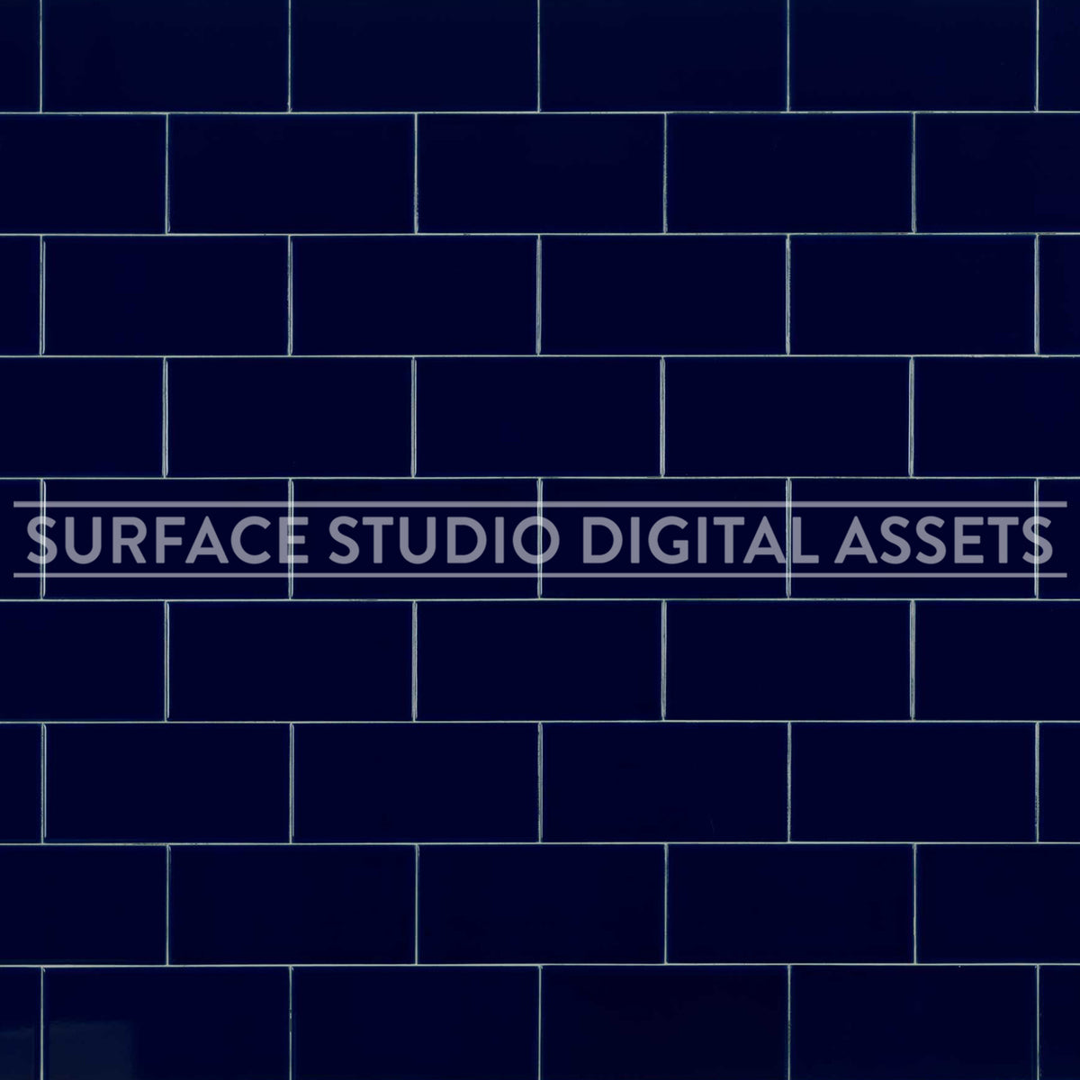 Navy Blue Subway Tile Surface photographed directly from above. Surface background stock image background stock image with a "Surface Studio Digital Assets" watermark for commercial, editorial, product, beauty, food, still life photography. Non-repeating tile surface for compositing and retouching.