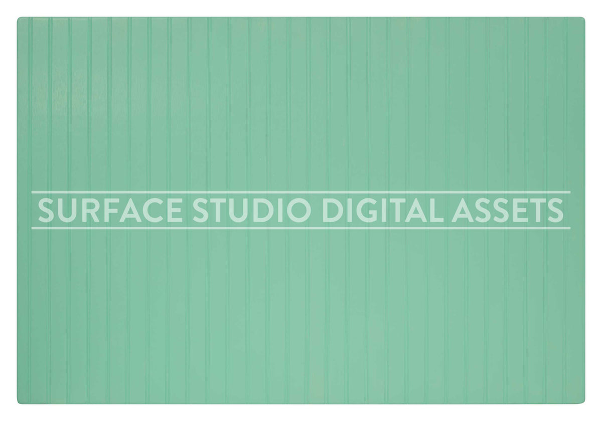 Pale Pastel Blue Green Beadboard Wood Surface photographed directly from above including edges. Surface background stock image with a "Surface Studio Digital Assets" watermark for commercial, e-commerce, editorial, product, beauty, food, beverage, still life photography. Artisanal wood surface background for high-end product shoots, interior design and architectural mood board.