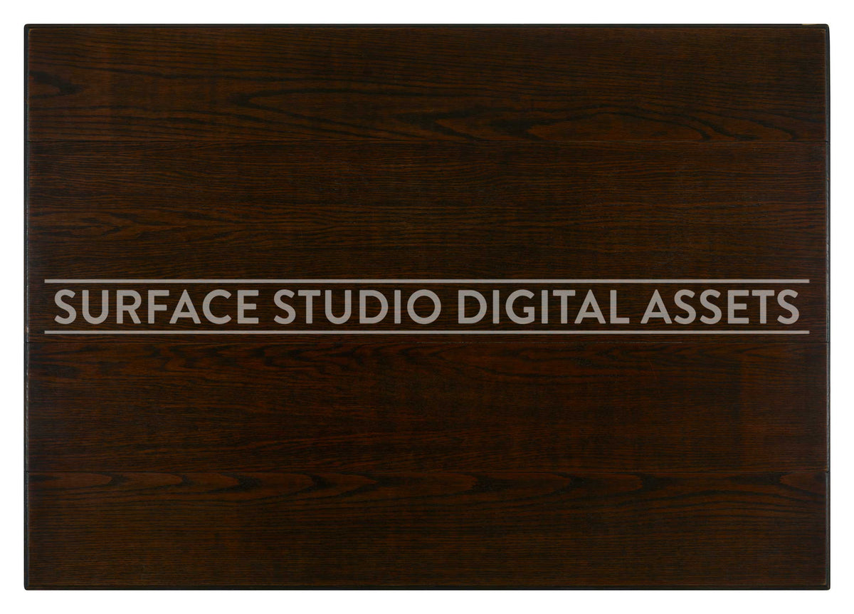 Planked Dark Brown Oak Wood Surface photographed directly from above including edges. Surface background stock image with a "Surface Studio Digital Assets" watermark for commercial, e-commerce, editorial, product, beauty, food, beverage, still life photography. Artisanal wood surface background for high-end product shoots, interior design and architectural mood board.