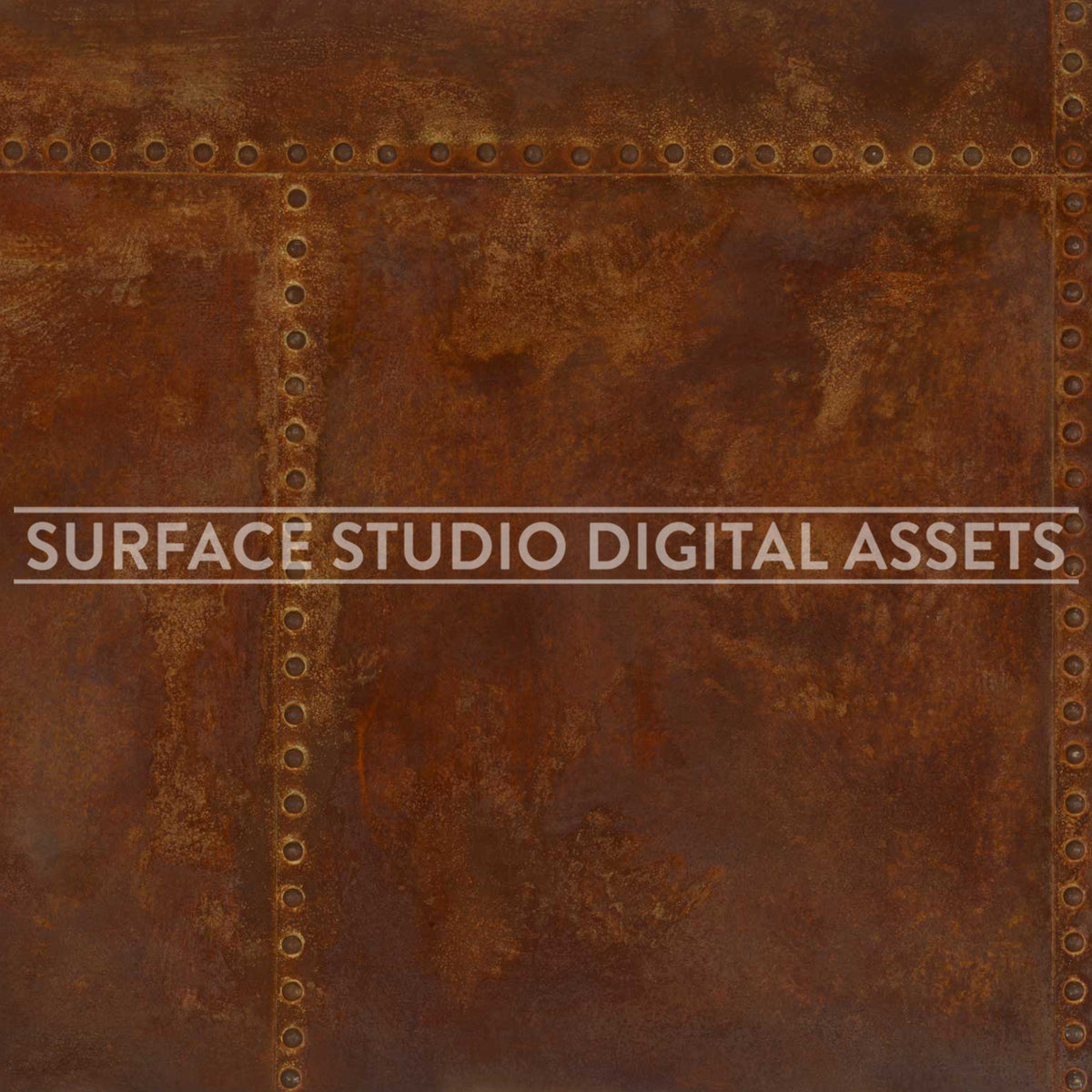 Rusted Studded Steel Metal Surface photographed directly from above. Surface background stock image with a "Surface Studio Digital Assets" watermark for commercial, e-commerce, editorial, product, beauty, food, beverage, still life photography. Industrial surface background for high-end product shoots, interior design and architectural mood board.