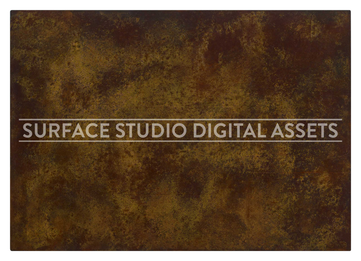 Rustuvius Brown Gold Metal Surface photographed directly from above including edges. Surface background stock image with a "Surface Studio Digital Assets" watermark for commercial, e-commerce, editorial, product, beauty, food, beverage, still life photography. Industrial metal surface background for high-end product shoots, interior design and architectural mood board.