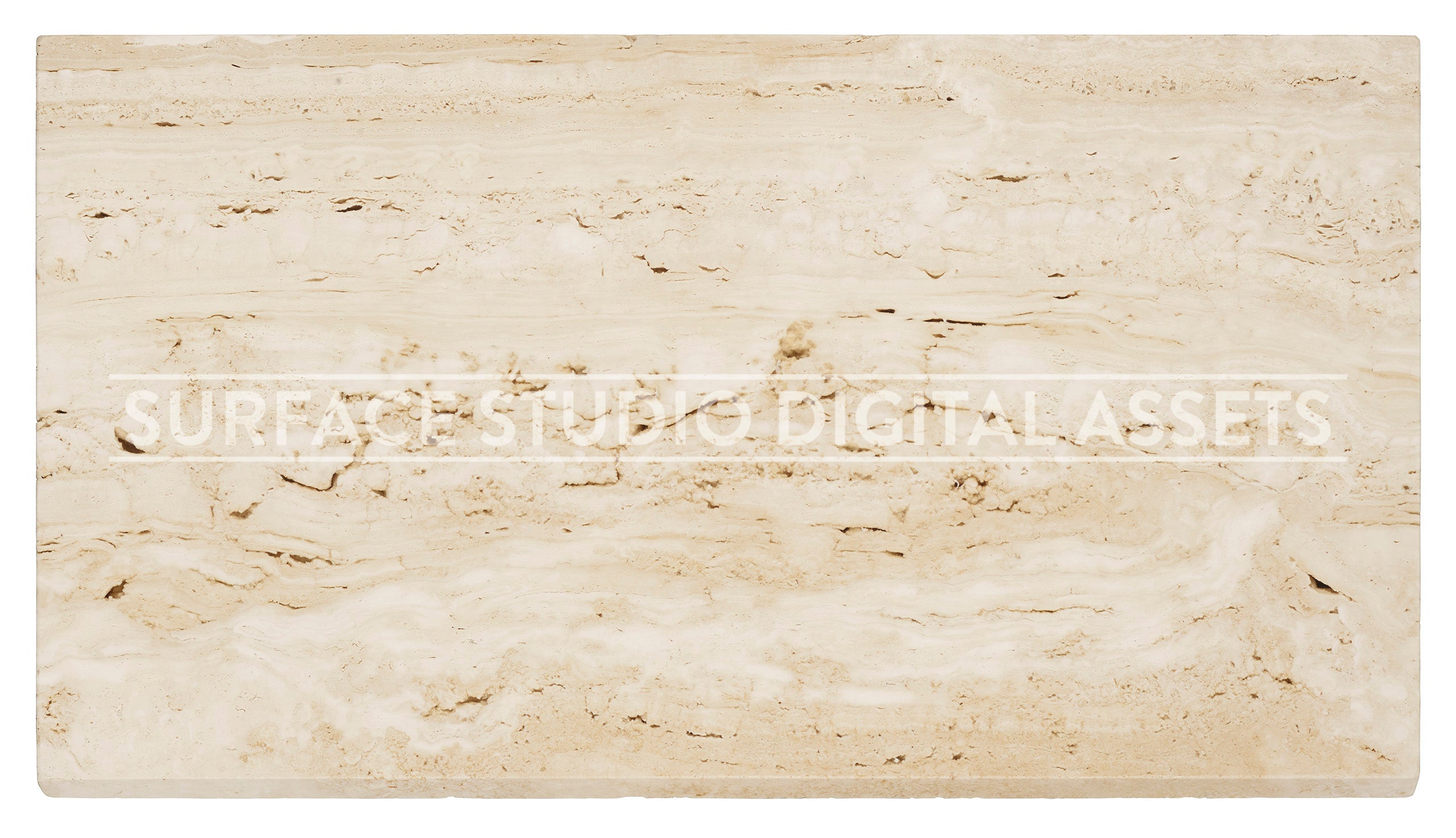 Natural Beige Textured Travertine Slab Surface photographed from above including edges