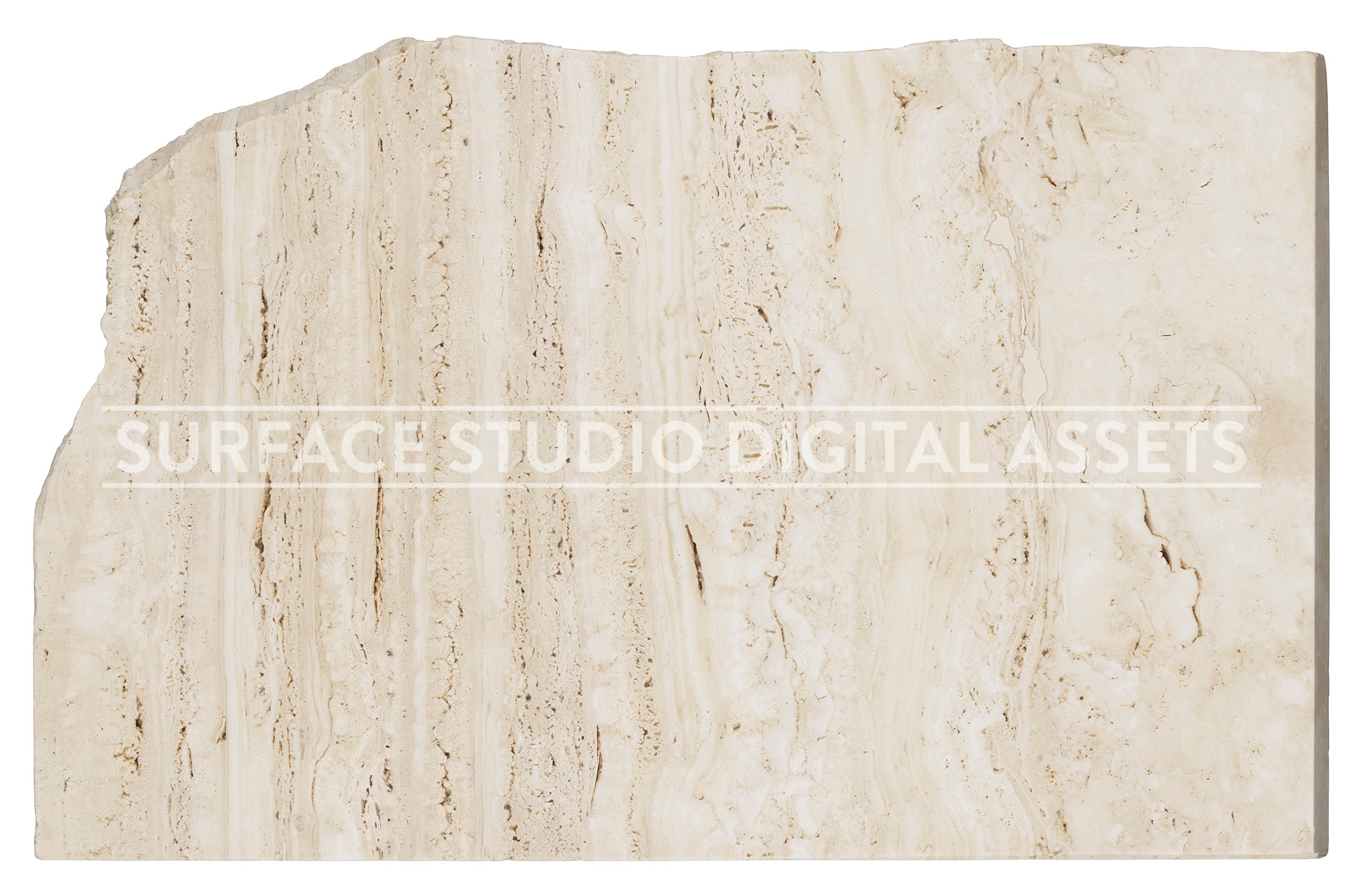 Natural Beige Textured Travertine Slab Raw Edge Surface photographed from above including edges