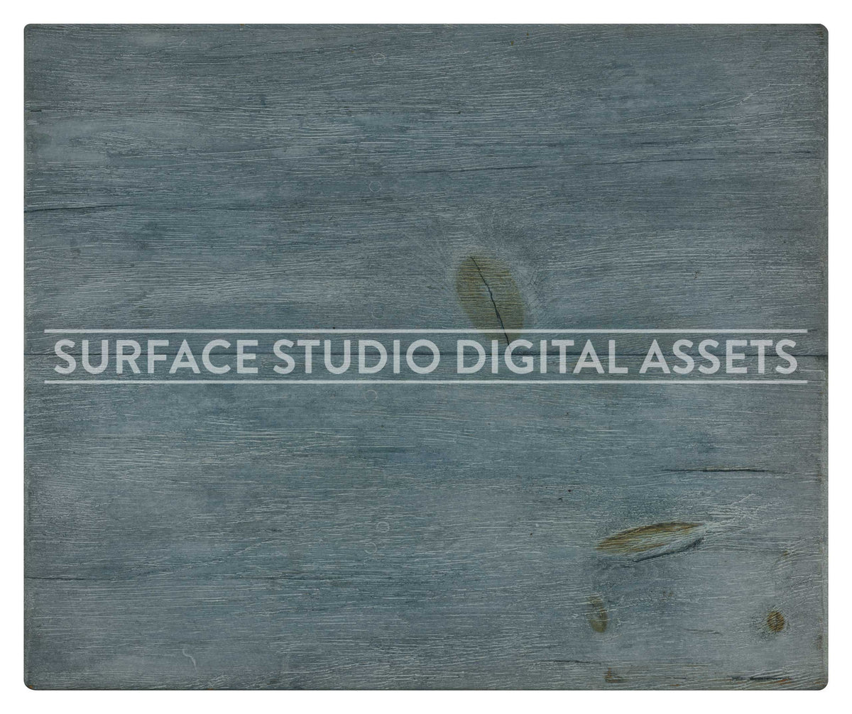 Planked Weathered Bluewashed Pine Wood Surface photographed directly from above including edges. Surface background stock image with a "Surface Studio Digital Assets" watermark for commercial, e-commerce, editorial, product, beauty, food, beverage, still life photography. Artisanal wood surface background for high-end product shoots, interior design and architectural mood board.