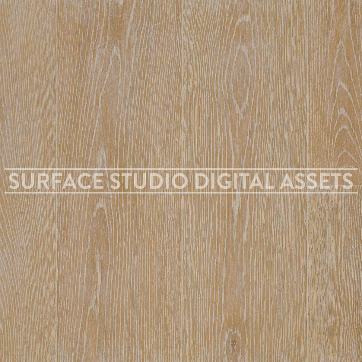 Planked Whitewashed Warm Beige Oak Floor Wood Surface photographed directly from above. Surface background stock image with a "Surface Studio Digital Assets" watermark for commercial, e-commerce, editorial, product, beauty, food, beverage, still life photography. Artisanal wood surface background for high-end product shoots, interior design and architectural mood board.