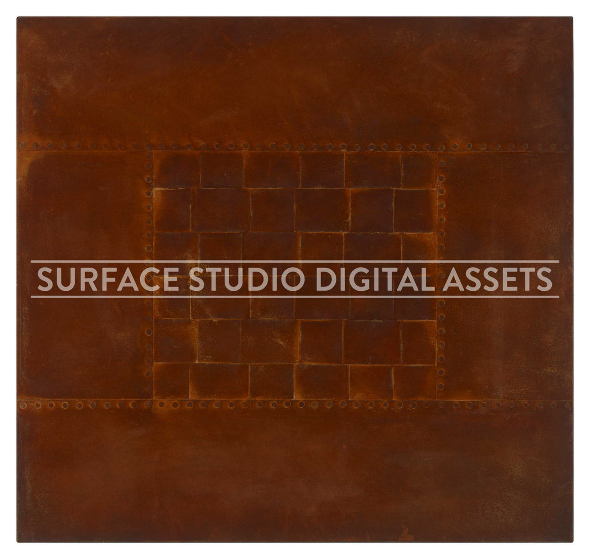Woven Center Panel Rusted Red Orange Steel Surface photographed directly from above including edges. Surface background stock image with a "Surface Studio Digital Assets" watermark for commercial, e-commerce, editorial, product, beauty, food, beverage, still life photography. Industrial metal surface background for high-end product shoots, interior design and architectural mood board.