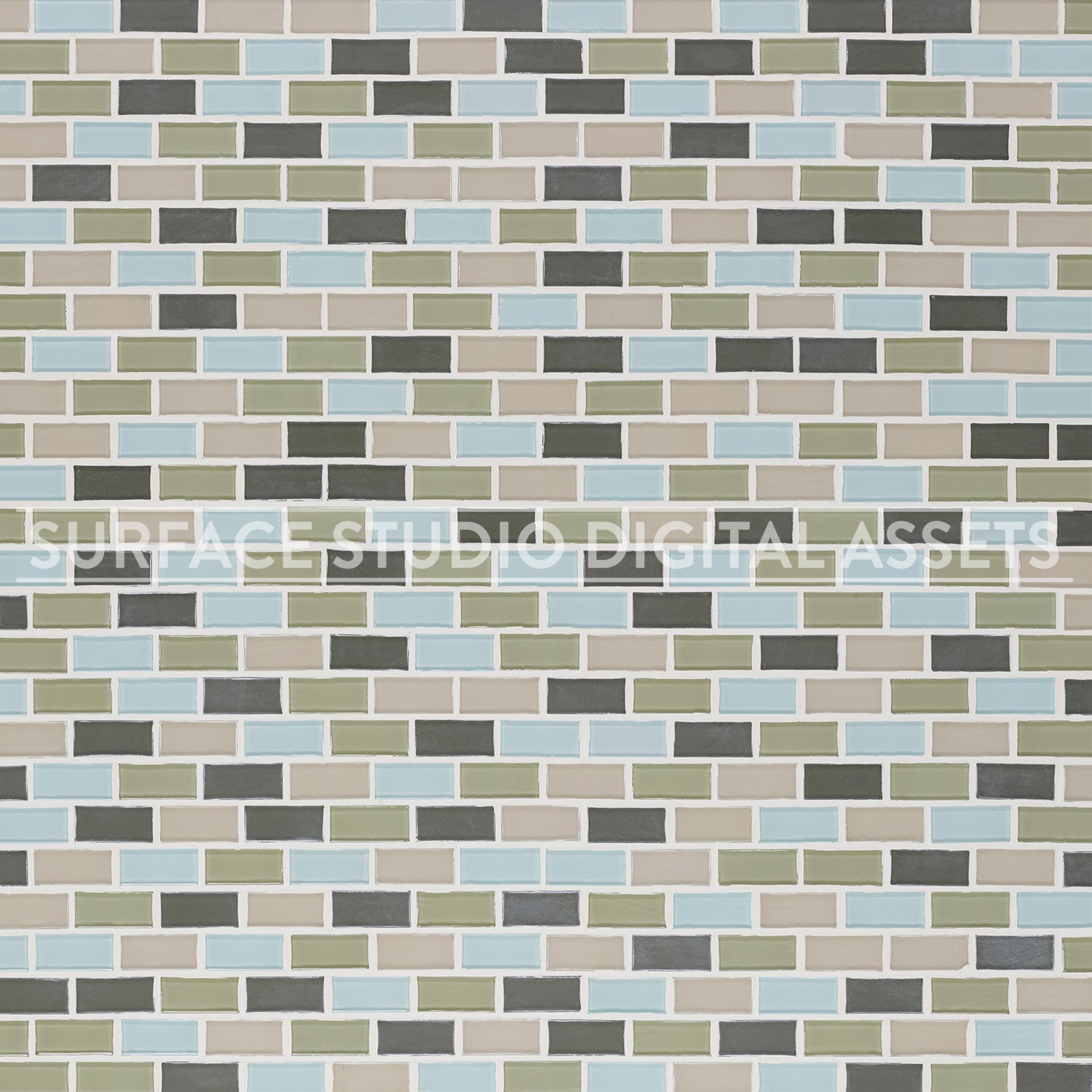 Green, Blue and Beige Glass Tile Surface photographed directly from above.